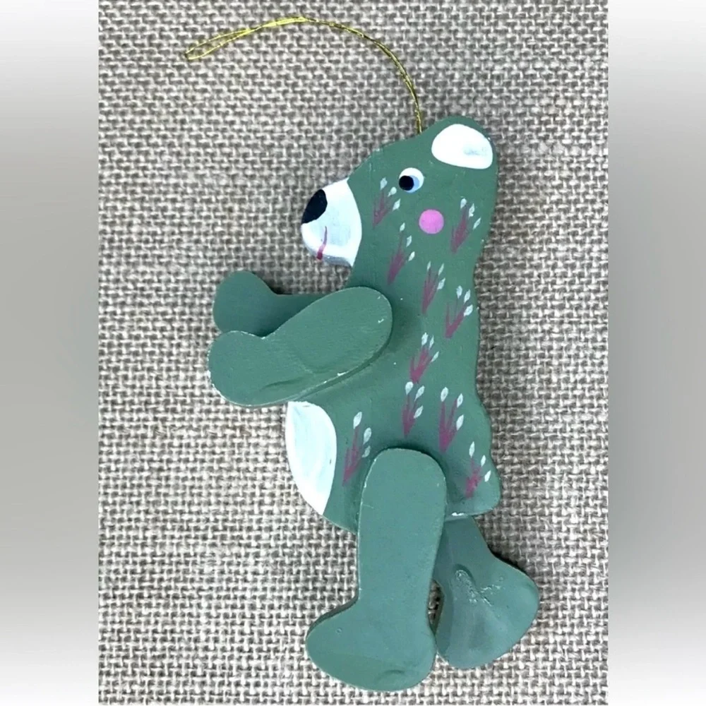 Green Floral Teddy Bear Wood Ornament Christmas Cottagecore Whimsical Twee